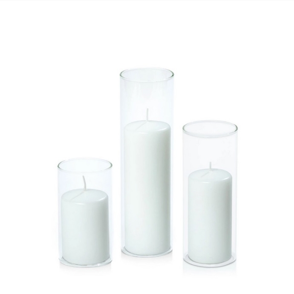 White 5cm Pillar in 5.8cm Glass. Pack of 3 Med Set